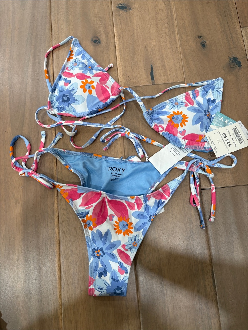 Roxy Floral Tie-String Bikini - Pink, Blue & Orange